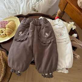 女童丝棉裤洋气冬装新款女宝宝柔软三层加厚加绒宽松束脚休闲裤无
