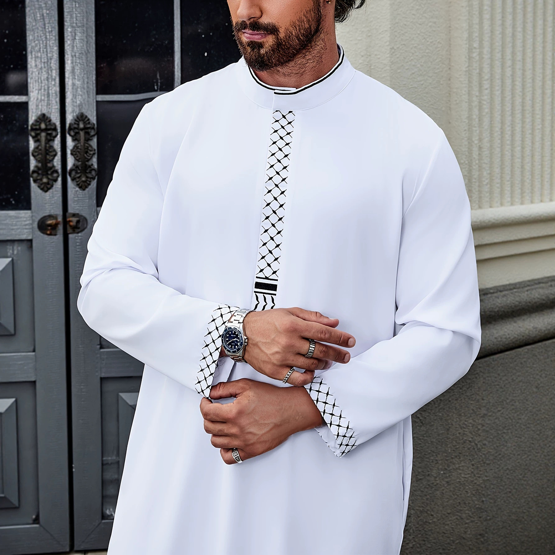 Cross-Border Men's Stand-Collar Spring and Autumn Style Loose Robe with Diamond Embroidery