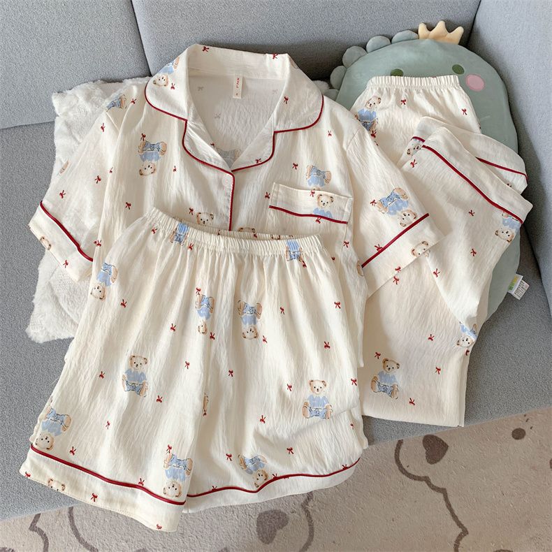 2026 Cloud Cotton Summer Pajamas for Women Casual Simple Three-Piece Homewear Set with Turn-Down Collar and Little Bear Design 2026 Cloud Cotton Summer Pajamas for Women Casual Simple Three-Piece Homewear Set with Turn-Down Collar and Little Bear Design