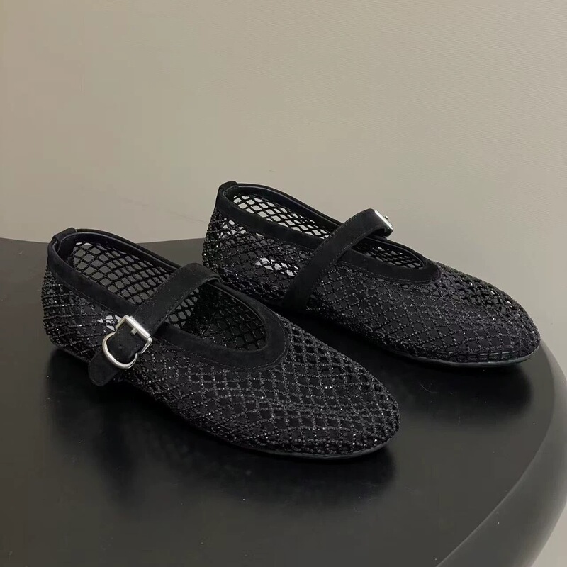 In-Stock 2026 Spring/Summer New Ballet Flats for Women, Hollow-Out Mary Jane Shoes with Rhinestones and Mesh Design