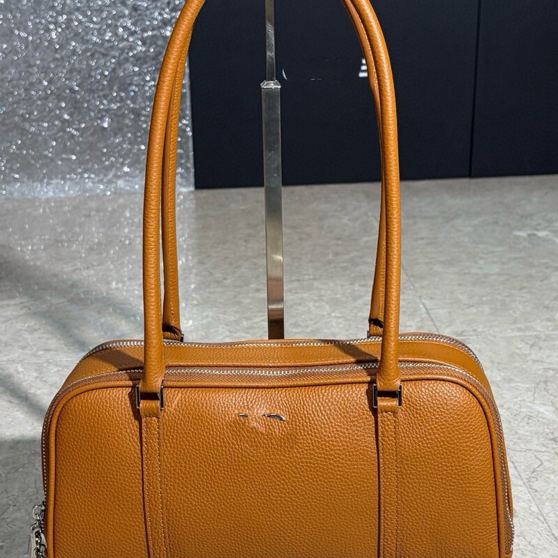Cross-Border Bowling Bag High-End Loo Retro Boston Bag Casual Versatile Handbag Cowhide Pebbled Pattern