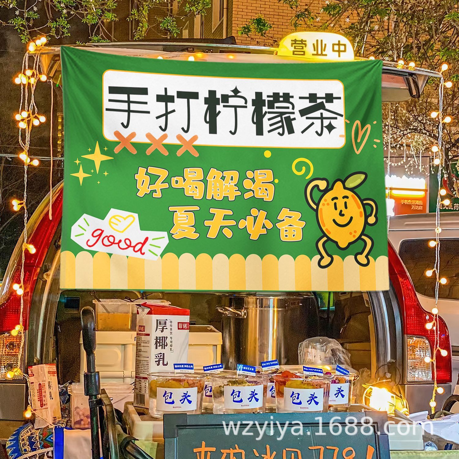 Té de limón hecho a mano, puesto, comida, mercado nocturno, puesto, puesto, cartel callejero, puesto, promoción