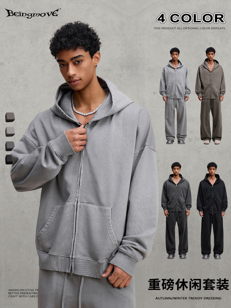 Calle secada| 2025 otoño y invierno retro americano con cremallera pesada con chaqueta encapuchada de algodón rectas pantalones para hombres