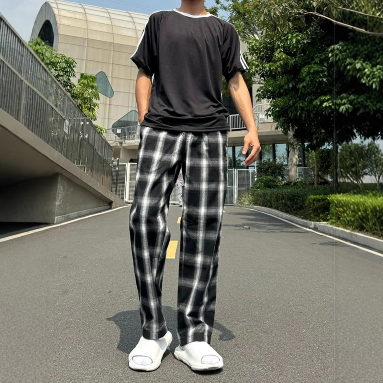 黑白格子运动裤子男女设计感痞帅垂感休闲裤美式vibe阔腿直筒裤