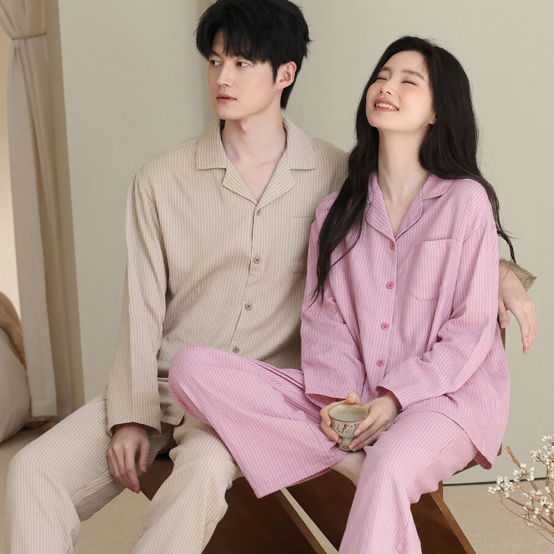 Wholesale cotton gauze women's long-sleeve long-pants pajamas, new autumn men's cardigan casual couple's home wear set