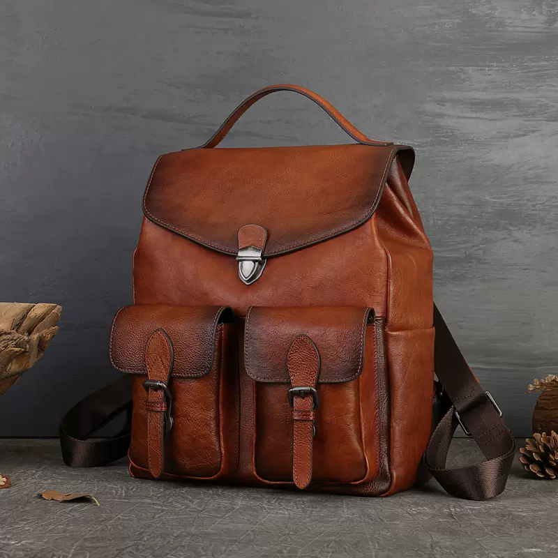 亚马逊爆款头层牛皮背包男士休闲旅行复古大容量真皮锁扣双肩包包