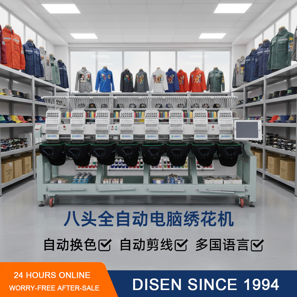 DISEN多功能全自动商用高速电脑绣花机八头帽绣鞋子服装刺绣机器