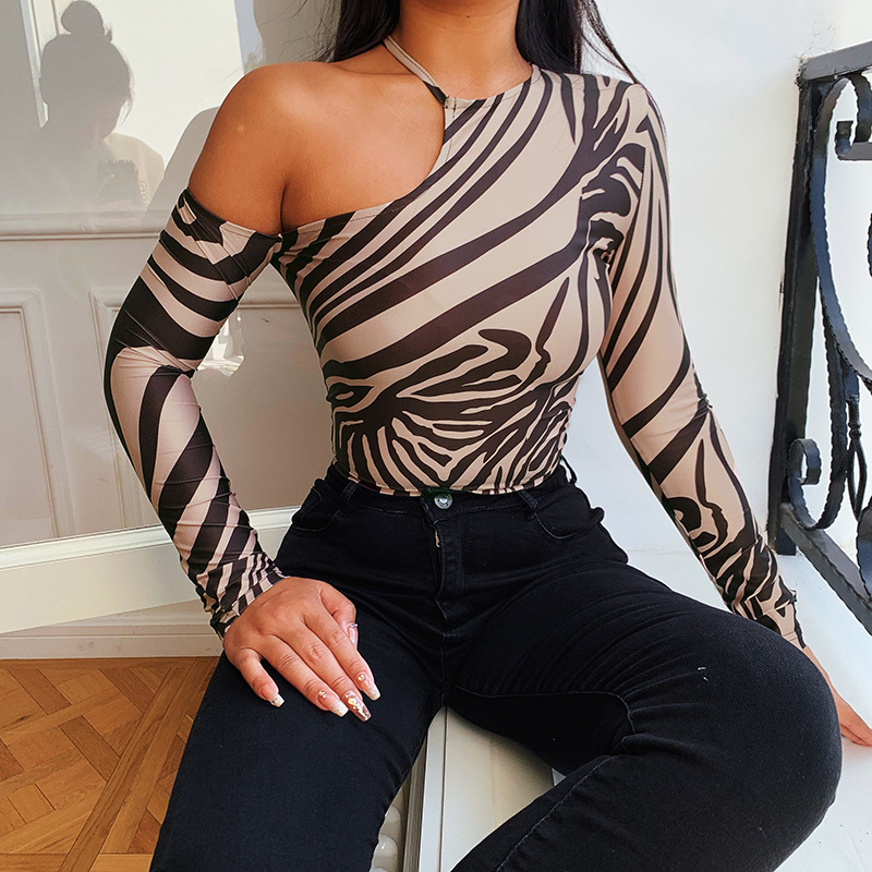 Off-The-Shoulder Striped Round Neck Slim Long-Sleeved T-Shirt NSXE108403