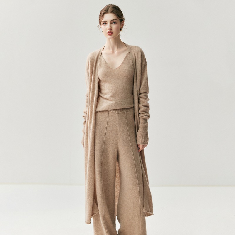 Casual and Elegant Cashmere Knit Rolled Edge Cardigan for Women, Mid-Length Versatile Split Sweater, Thin Knit Coat, Soft and Fluffy