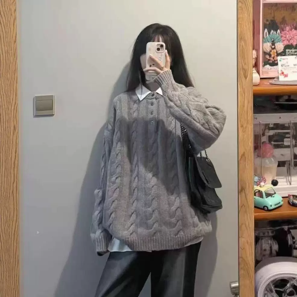 高级感灰色麻花毛衣外套女秋冬新款显瘦宽松慵懒风休闲针织衫上衣