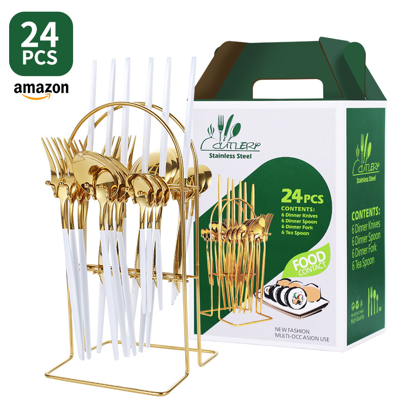 Cuchillo de filete occidental transfronterizo, tenedor y cuchara Amazon Portugal vajilla de acero inoxidable 24 piezas de almacenamiento en rack caja de regalo traje