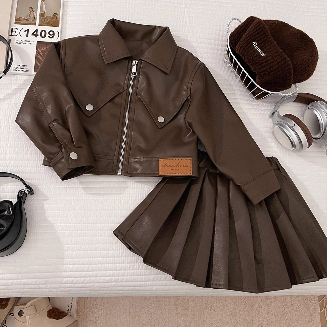 Set, children's jacket, pleated skirt, autumn, internet celebrity, Korean style