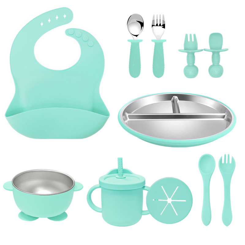 Amazon 304 acero inoxidable silicona platos de platos set cubiertos bebés bebés de silicona bib de grado alimenticio
