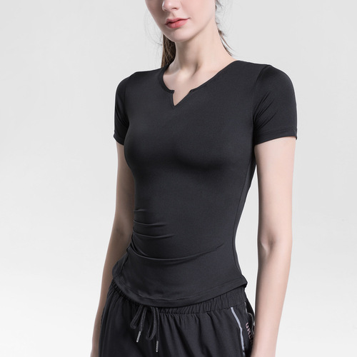 Women's Yoga Wear: Summer Short-Sleeve V-Neck Tight-Fitting Quick-Dry T-Shirt – Professional Black Fitness Apparel with a Bare-Minimalist Feel for Running and Workout Adventures