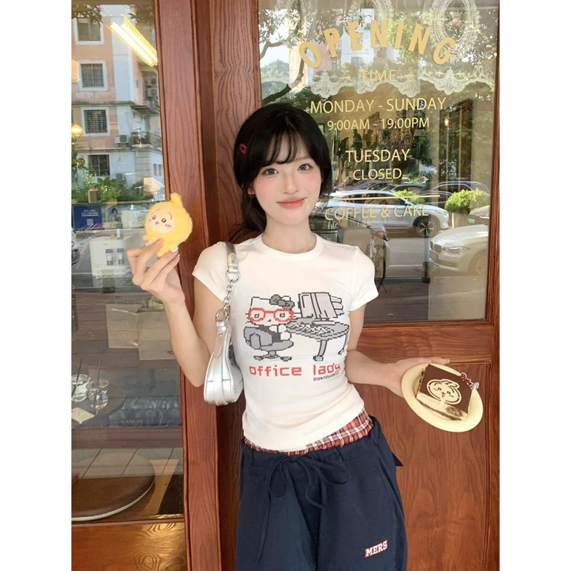 [210 г, 40 шт., тонкий хлопок 1*1] Женская летняя футболка с короткими рукавами American Kitt Flower, тонкий короткий белый топ