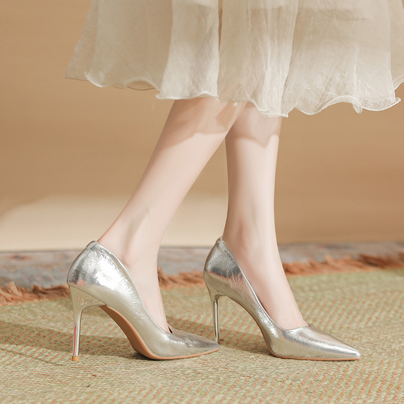 Silver High-Heeled Shoes for Women with Thin Heels, 2026 Early Spring New Style, French Style, Gold Pointed Toe, Comfortable and Versatile Bridesmaid Shoes Silver High-Heeled Shoes for Women with Thin Heels, 2026 Early Spring New Style, French Style, Gold Pointed Toe, Comfortable and Versatile Bridesmaid Shoes