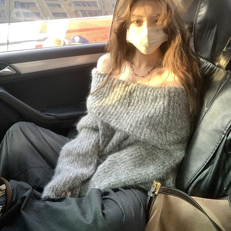 YS一字肩纯欲风露肩软糯羊毛针织衫上衣女秋冬法式慵懒风套头毛衣|undefined