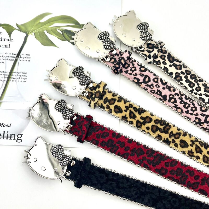 New Leopard Print Horse Hair Series Belt KT Cat Head Black Diamond Buckle Belt for Women Y2K Jeans Skirt Accessories All-match New Leopard Print Horse Hair Series Belt KT Cat Head Black Diamond Buckle Belt for Women Y2K Jeans Skirt Accessories All-match