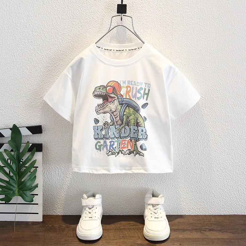 7985 Camiseta de manga corta de dinosaurio de dibujos animados para niños 2025 nuevos tops de media manga para niños ropa de verano para niños
