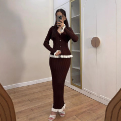 欧美跨境女装2025秋季新款荷叶领小香风收腰显瘦包臀针织毛衣裙