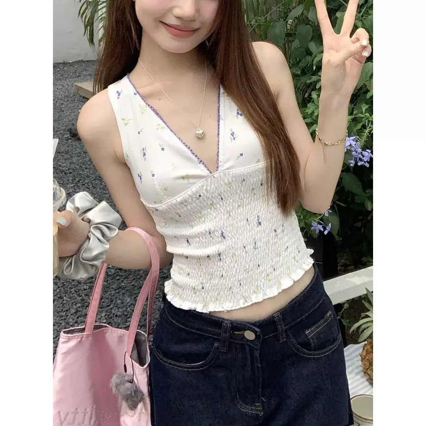 纯欲v领碎花花边小吊带背心女2025夏季海边穿搭辣妹外穿无袖上衣