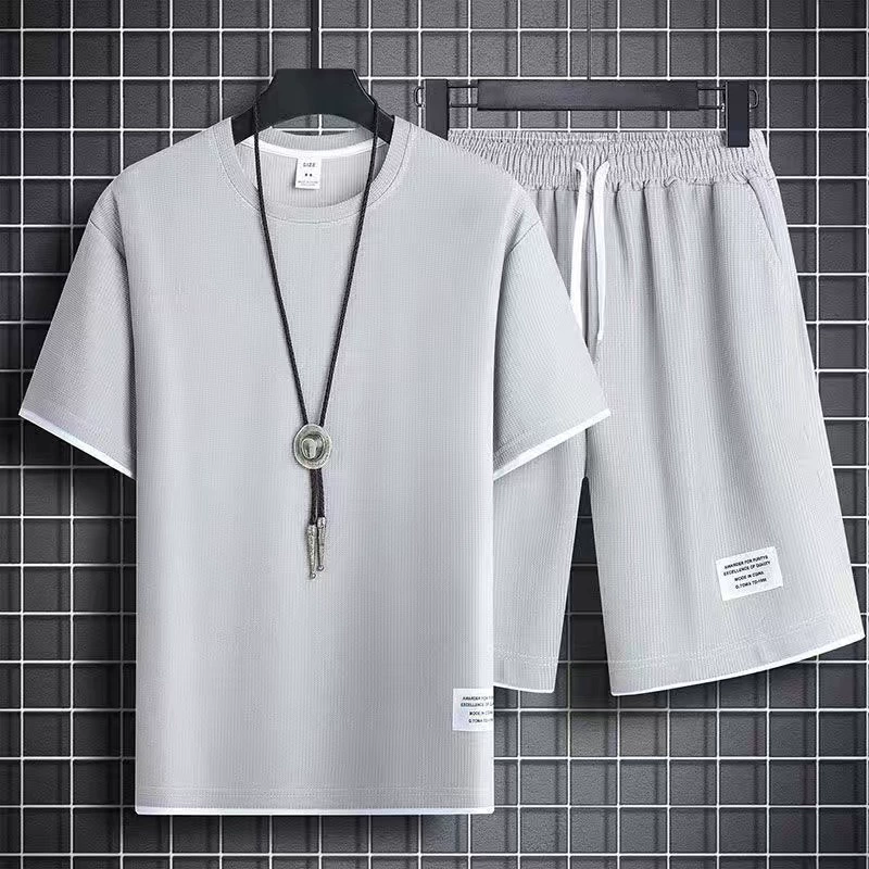 Мужской летний спортивный костюм-двойка больших размеров, шорты и футболка с коротким рукавом, свободный крой