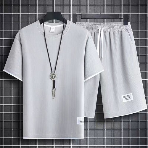 Waffle Men's Large Size Two-piece Set Shorts Summer casual Men's Loose Short-sleeved Trend Sports Two-piece Set