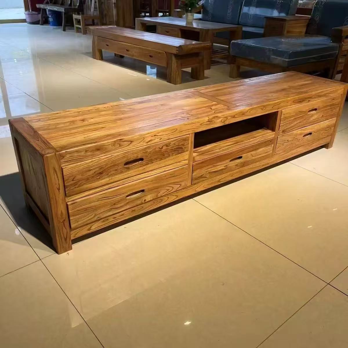 Retro Old Elm Tv Cabinet for Home Living Room, Hotel, and Guesthouse Tv Cabinet with Weathered Texture, Solid Wood Tv Cabinet for Home Use