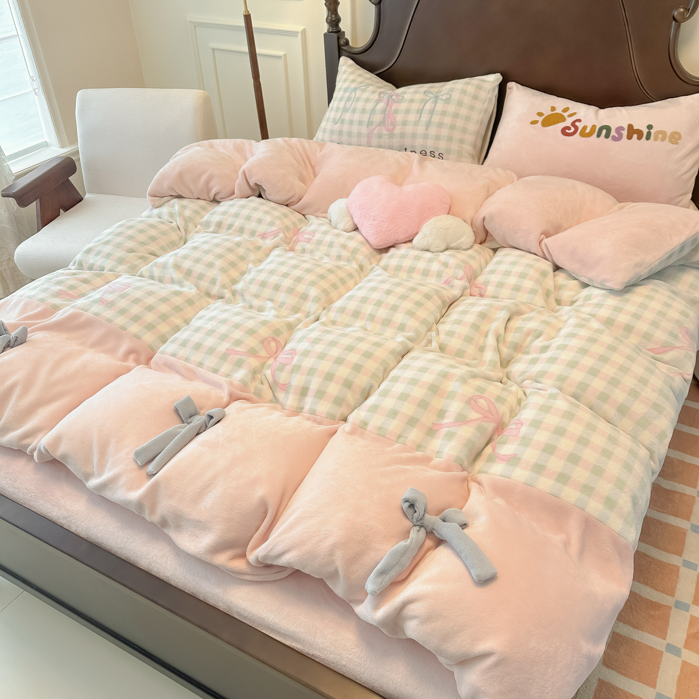 ins少女心蝴蝶结牛奶绒四件套冬季珊瑚绒被套毛绒床单法兰绒 床笠