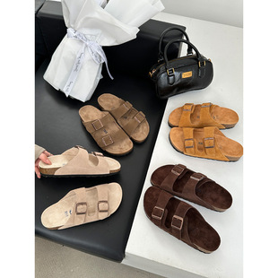 Spring 2025 Double Buckle Frosted Leather Women's Slippers Fashionable Thick Sole Casual Slippers Beach Flat Sandals