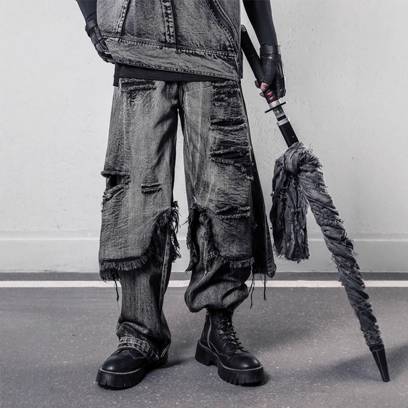 Cross-Border Niche Dune Wasteland Style American Tactical Pants Heavy-Duty Fake Two-Piece Jeans Men's Raw Edge Ripped Trousers Trendy