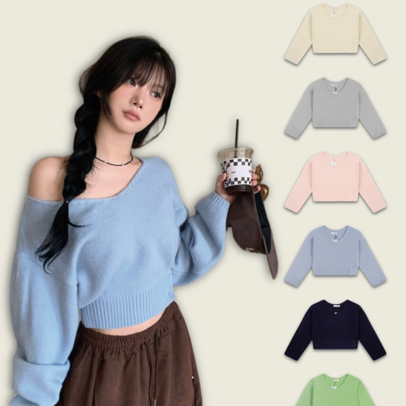 Early Autumn Korean Dongdaemun Modimood Large V Neck Oblique Off-Shoulder Waist Side Button Knitwear Loose Knitwear for Women