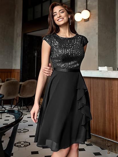 Cross-Border European and American Export Dress Amazon New Round Neck Sequin Chiffon Splicing Evening Dress (2 Colors)