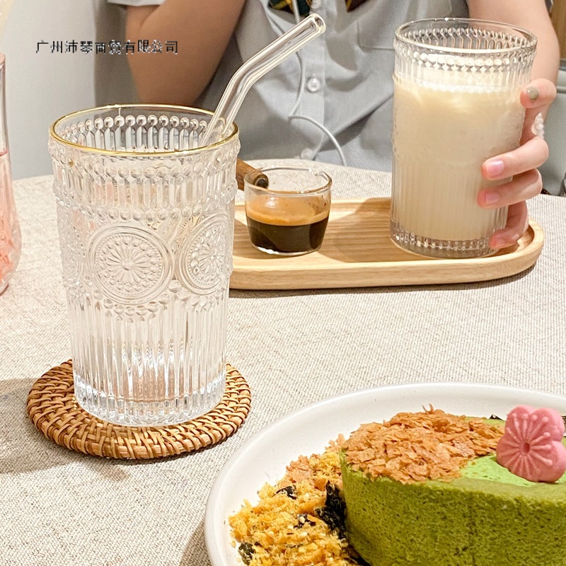 玻璃杯女夏季浮雕玻璃吸管喝水杯子咖啡牛奶杯高颜值带盖家用