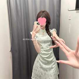 新中式改良旗袍连衣裙女夏收腰小飞袖绿色大码女装感春季新款