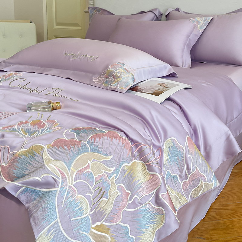 Edredón fresco de verano, ropa de cama de cuatro piezas, seda de hielo, sueño desnudo, lujo ligero, edredón de alta calidad, sábanas, juego de tres piezas 4