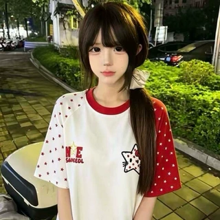 美式复古星星猫咪发泡印花短袖t恤女夏季甜酷风宽松插肩半袖上衣