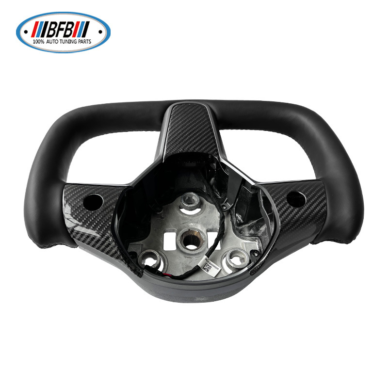 100% Real Carbon Fiber Yoke Steering Wheel - For Tesla Model Y 3 - Black Alcantara Leather, Aircraft Style