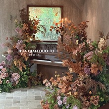 秋季系仿真花场景布置咖橘色花艺花束美拉德色系橱窗假花造景