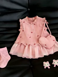 【闭眼入】夏季中长裙甜美风1女童爱心无袖连衣裙蕾丝花边公主裙6