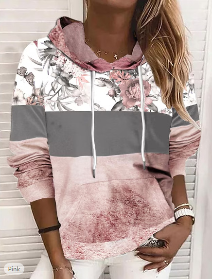 Plus Size Korean Version New Leer Loose Comforable Top For Women Colorful Paern Prined Drawsring Hooded_voghion.com