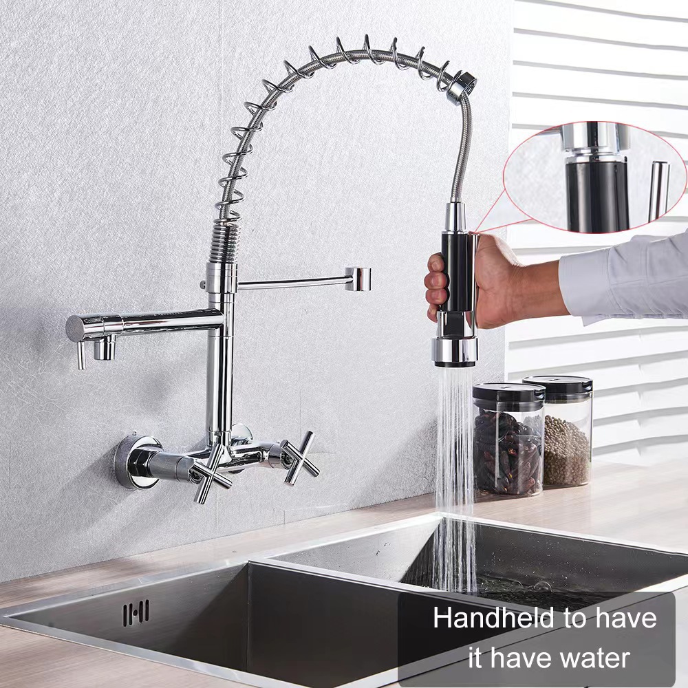 Ousapai semi-copper wall-mounted hot and cold exposed spring kitchen faucet, wall-mounted double-handle spring faucet undefined