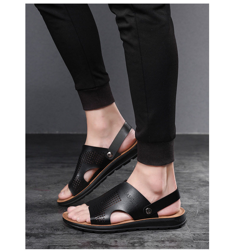Dép sandal nam cỡ lớn hở ngón da PU chống trơn trượt, thoáng khí đi biển — Nâu Đen, Xanh lam đậm, Xám đậm, Đỏ rượu chi tiết 11