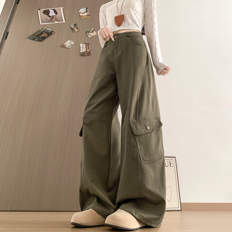 Vintage Scimitar Cargo Pants for Women, New Spring and Autumn High-Waisted Loose Wide-Leg Pants with a Slimming Design, Casual Straight-Leg Pants