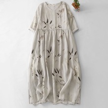 夏新款苎麻印花连衣裙度假旅游显瘦过膝长裙仙