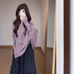法式不规则紫色斜肩套头毛衣女2025早秋季新款宽松露肩针织衫上衣