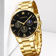 GENEVA新款大氣商務男士鋼帶手錶假三眼日曆羅馬刻度石英腕錶男款