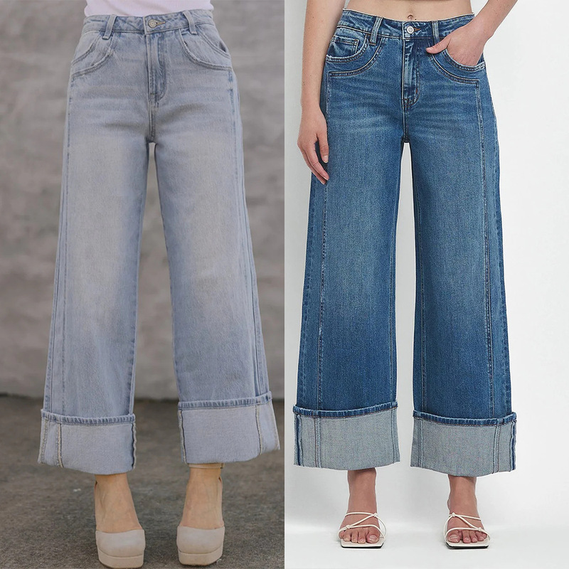 2025 cross-border foreign trade Europe and the United States leisure loose waist straight tube ladies washed fashion jeans 8931