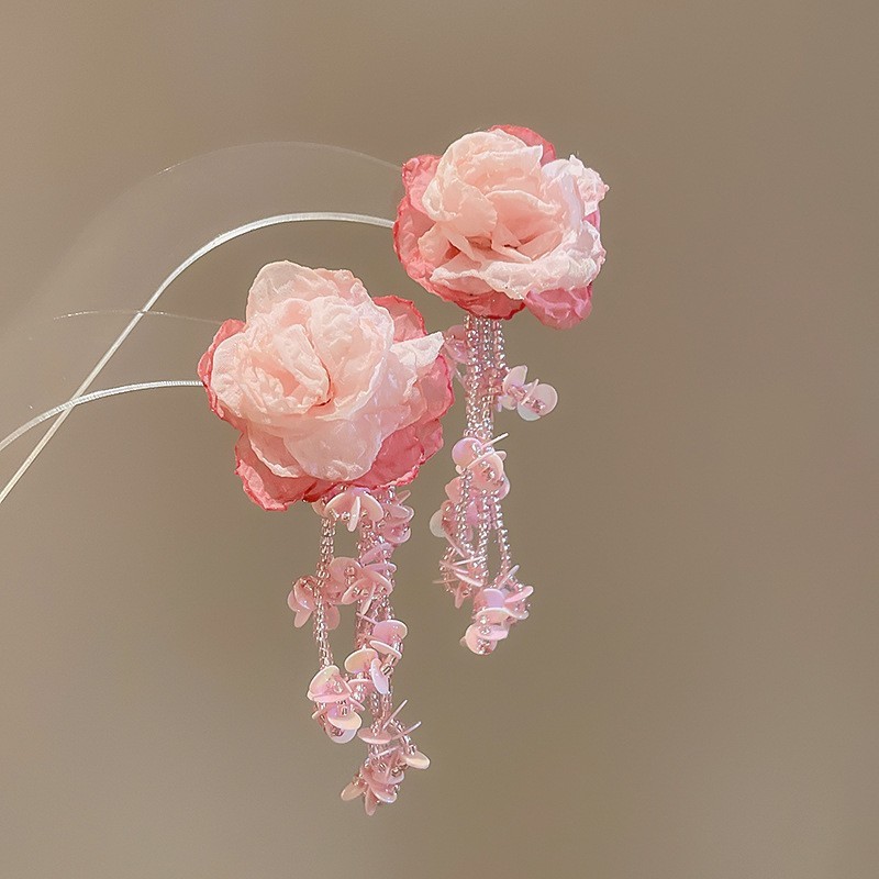 Aguja de plata flor rosa borla estilo vacaciones pendientes verano dulces y exquisitos pendientes pequeños pendientes de diseño fresco mujeres