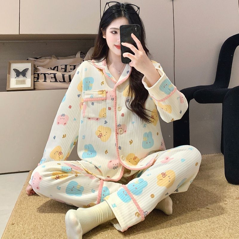 空气棉夹层睡衣女秋冬季新款加厚甜美简约开衫长袖套装保暖家居服|undefined